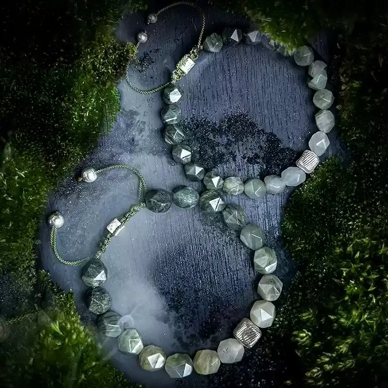 Size comparison of 10mm (vitality) and 8mm (clarity) Green Amphibole beads for personalized chakra balance