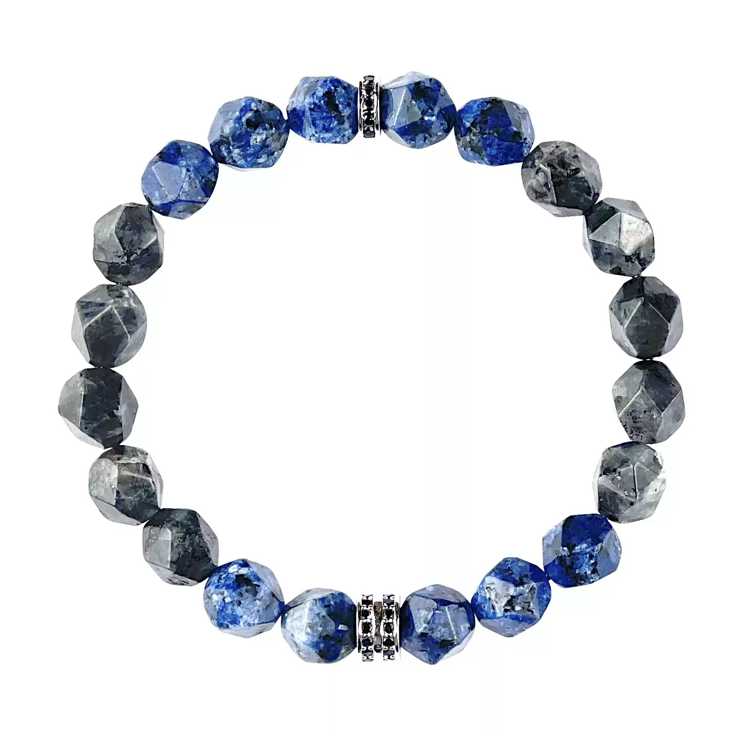 Close-up of 10mm black amphibole (night sky texture) and blue spot stone (starry sparkles) – symbolizing protection and creative inspiration.