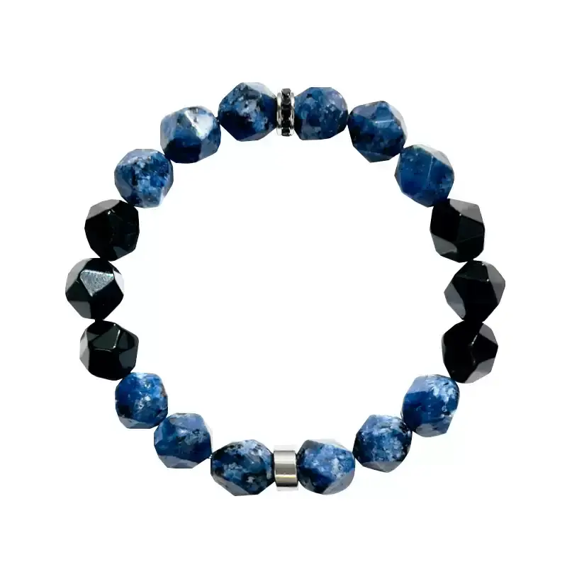 Close-up of 10mm Blue Spot Stone (blue speckled) and Black Agate beads – symbolizes intuition, grounding, and negative energy protection.