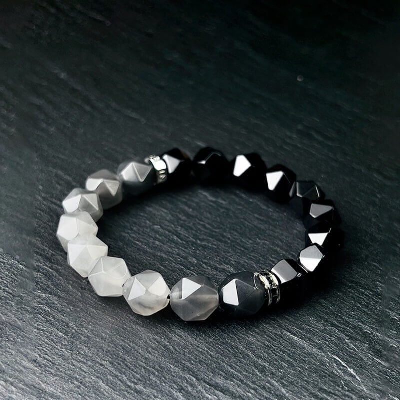 Crown and Root chakra balance diagram for Cloud Crystal and Black Agate bracelet, enhancing spiritual clarity and emotional stability