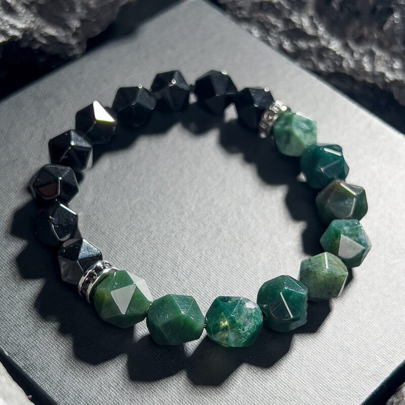 Heart to Root chakra energy flow diagram with Dendritic Agate and Black Agate, balancing emotions and grounding