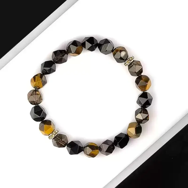 Detail of premium metal clasp with Tiger’s Eye trio, enhancing bracelet’s elegant energy flow and secure fit