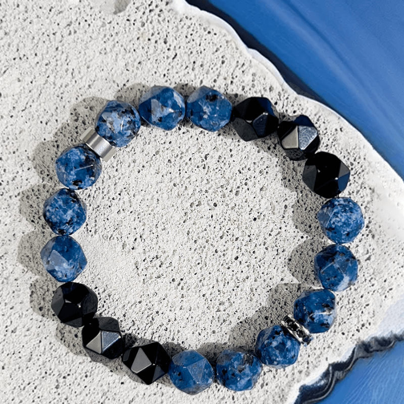 Men’s Blue Ocean bracelet in M size (6.3–6.7") – Black Agate stabilizes Root Chakra for outdoor adventure and stress resilience.