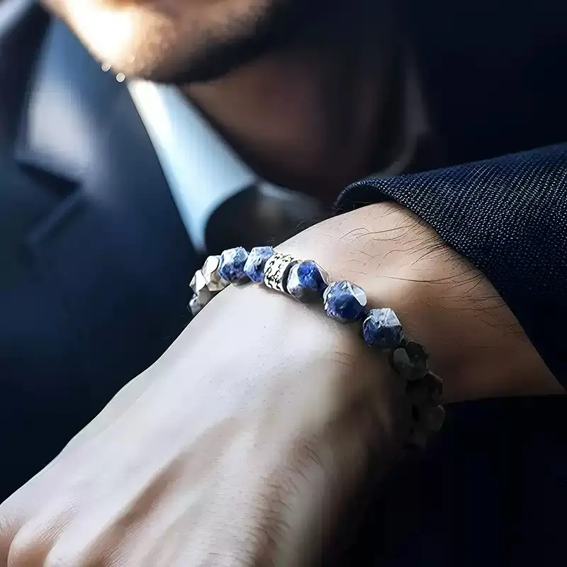 Men’s Starry Sky bracelet in L size (6.7–7.1") – black amphibole stabilizes Root Chakra for professional confidence and calm.
