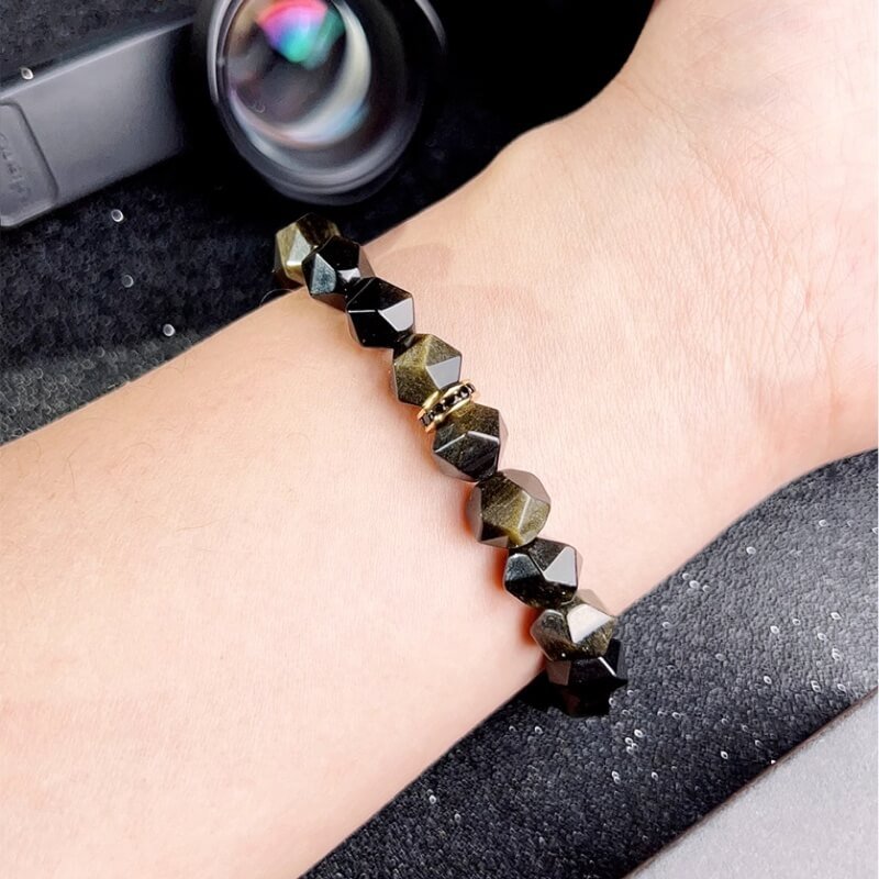 Men’s Gold Sheen Obsidian bracelet in L size (6.7–7.1") – enhances Root Chakra confidence for business success and prosperity.