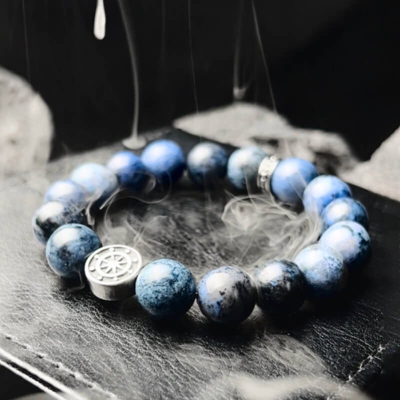 Men’s Dumortierite bracelet in L size (6.7–7.1") – enhances Throat Chakra communication for professional influence and decision-making.
