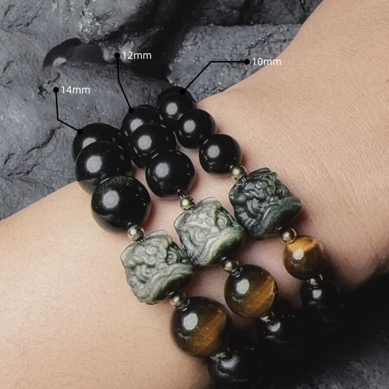 Men’s Obsidian Energy Bracelet – sizes range from 8mm to 14mm beads with adjustable wrist circumference (XS-XL) for personalized fit.