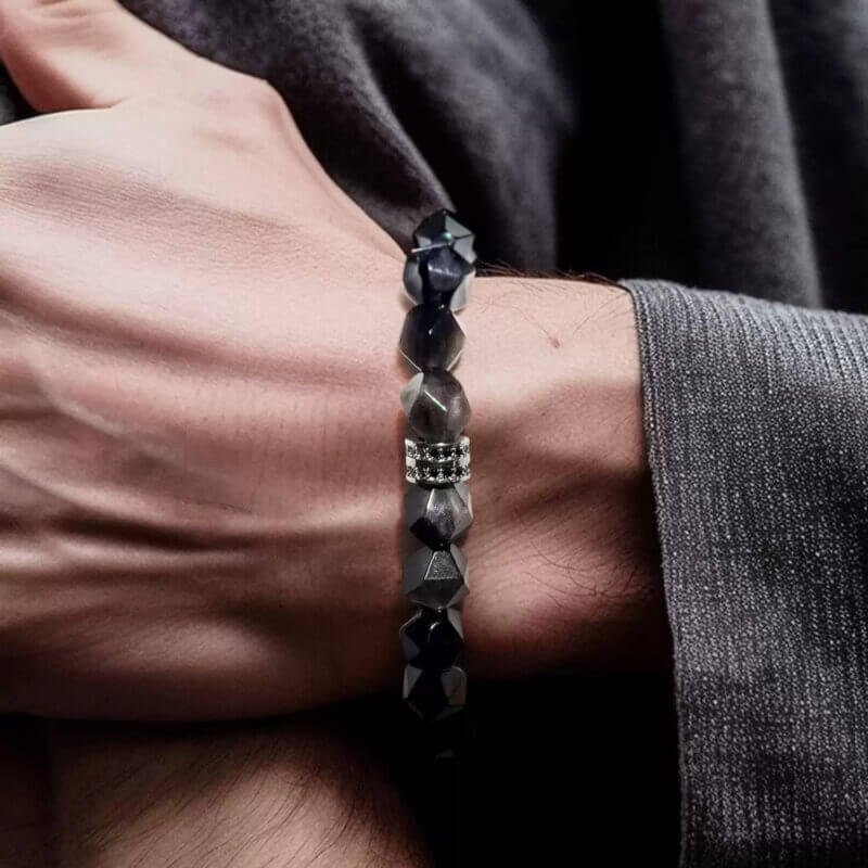 Men’s Obsidian bracelet in L size (6.7–7.1") – Silver Sheen Obsidian stabilizes Root Chakra for professional confidence and stress protection.