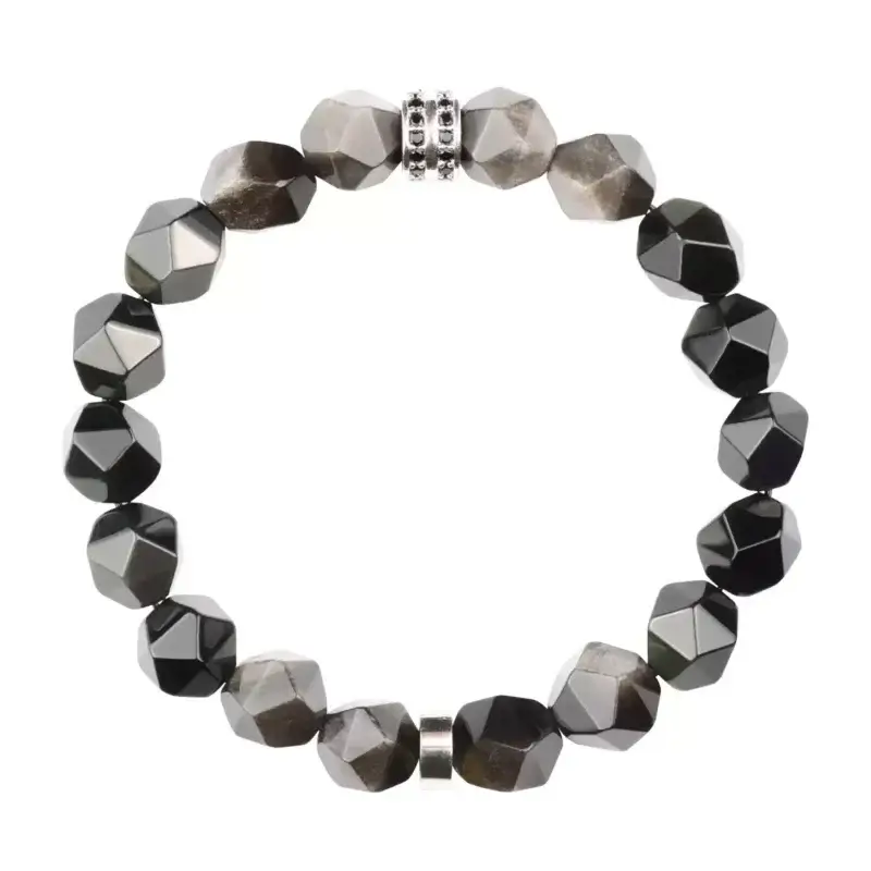 Men’s Silver Sheen Obsidian bracelet in M size (6.3–6.7") – Obsidian absorbs negative energy for outdoor adventure and grounded security.