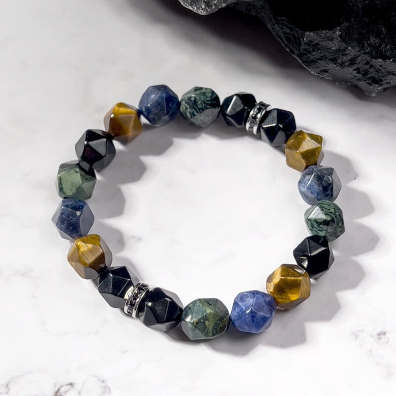 Detail of 10mm multifaceted beads and four-gem weaving for vibrant lucky energy aesthetics