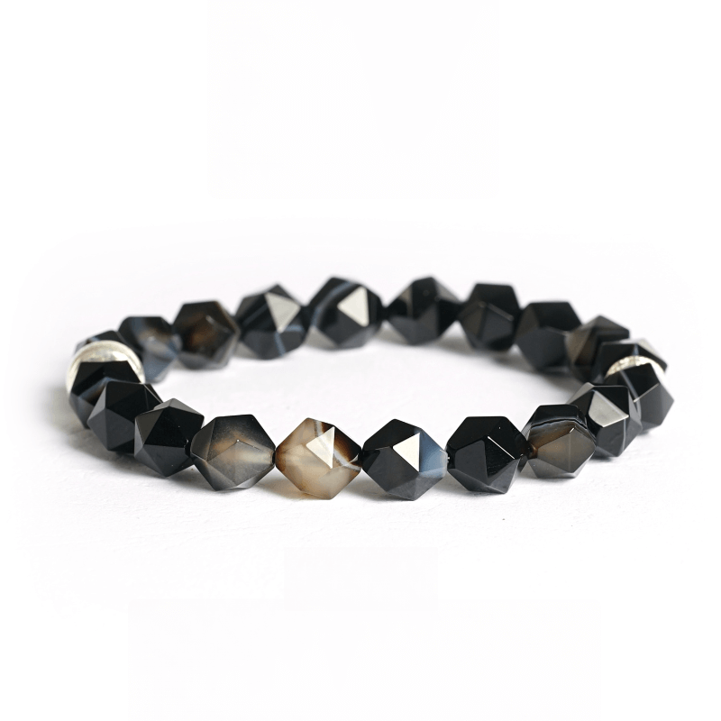 Natural Black Agate energy bracelet with 10mm faceted beads for Root Chakra protection and inner strength