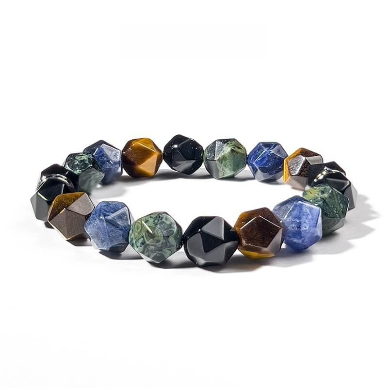 Natural Gemstones Lucky Bracelet with Black Agate, Tiger’s Eye, and Chakra Balancing Stones