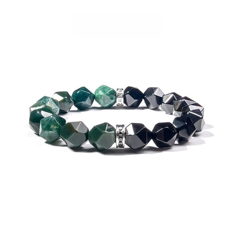 Dendritic Agate Heart Chakra Bracelet with Black Agate for Spiritual Grounding