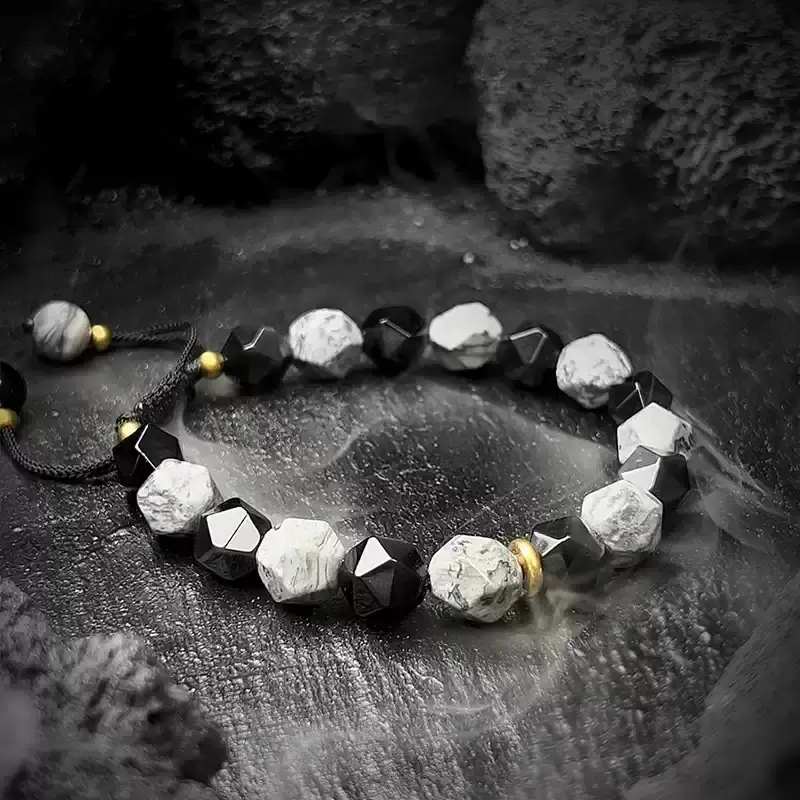 Close-up of 10mm Obsidian (black) and Picasso Stone (black-white texture) beads – symbolizing protection and creative artistry.