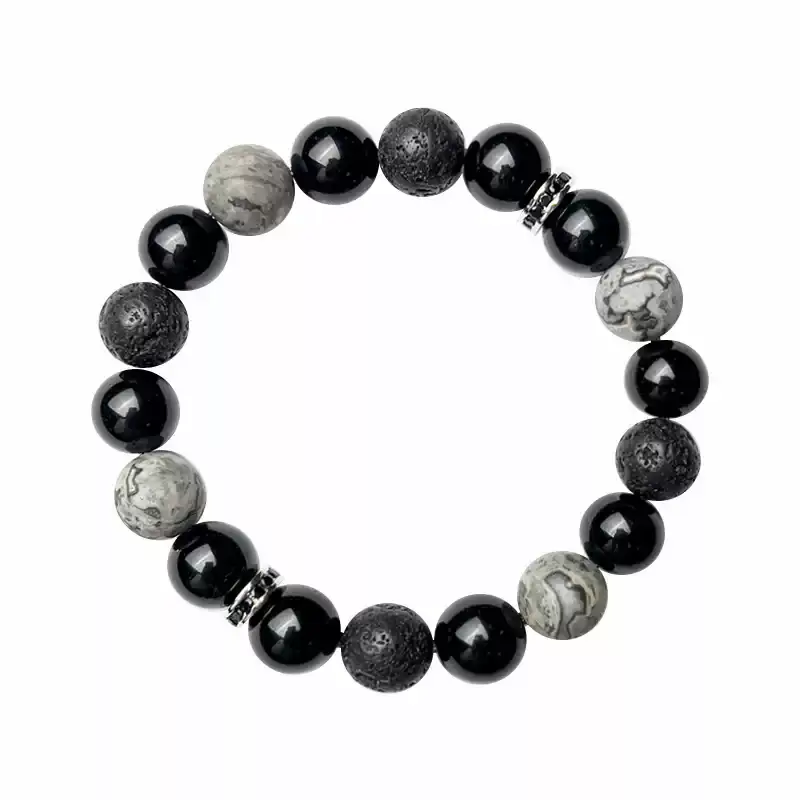 Close-up of 10mm Obsidian (black), Volcanic Stone (ash ), and Map Stone (multicolor veins) – symbolizes negative energy absorption, aura stabilization, and directional guidance.