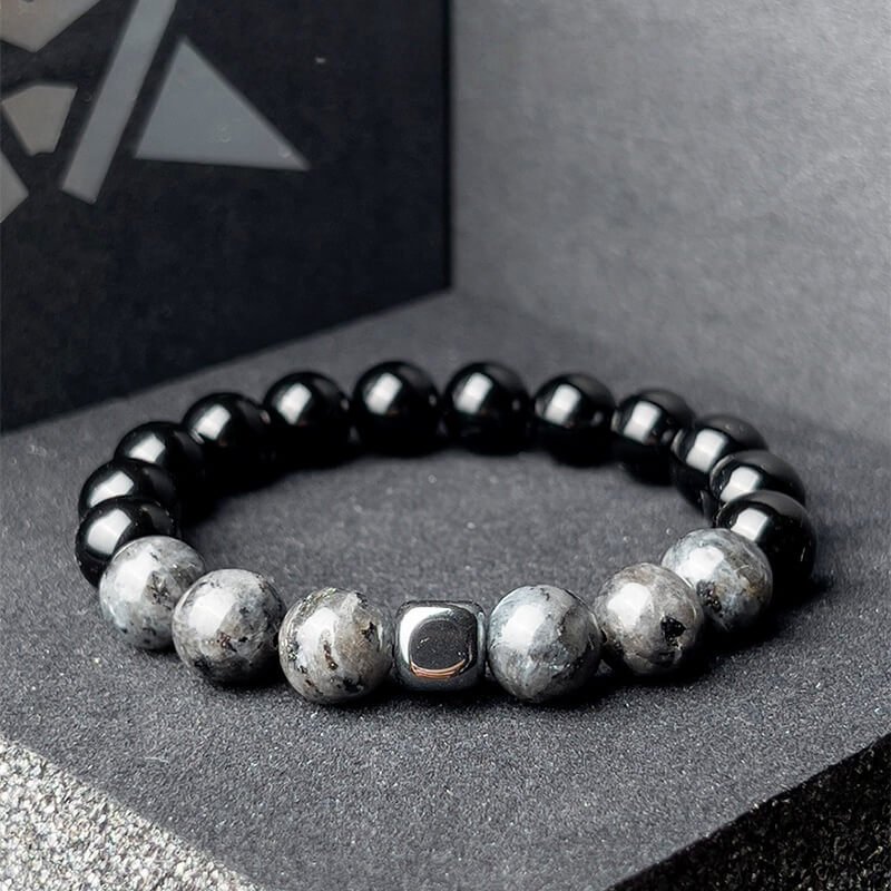 Black Agate Black Amphibole Bracelet with Terahertz Magnet for Chakra Balance