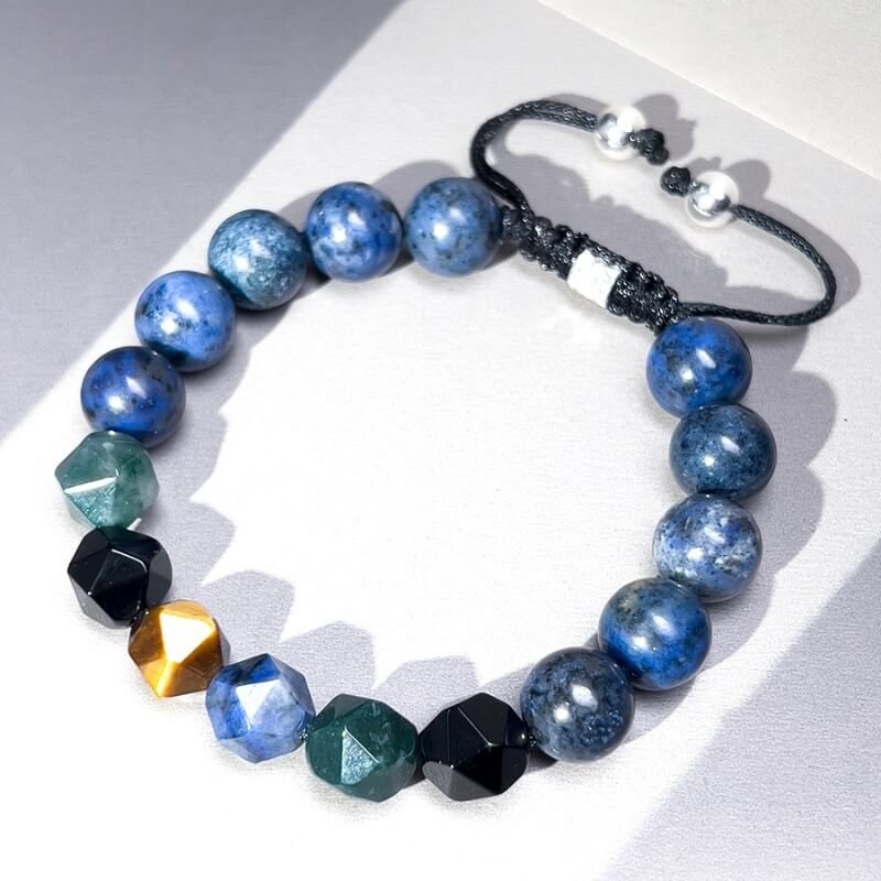 Root, Solar Plexus, and Heart chakra balance diagram for multi-gem men’s bracelet, promoting security and professional success
