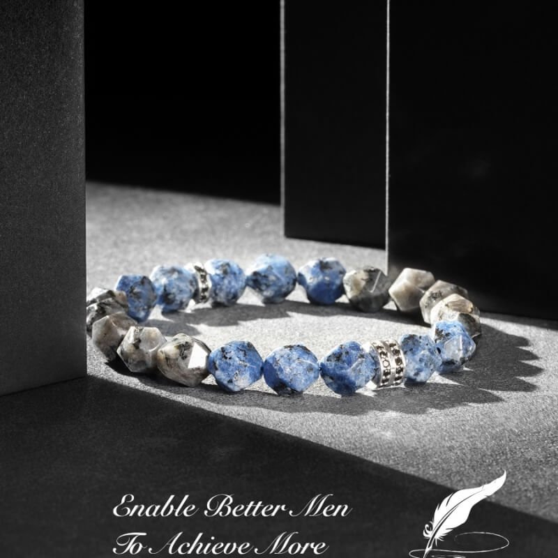 Black amphibole (Root Chakra) and blue spot stone (Throat Chakra) bracelet – dual chakra alignment for energy stability and confident communication.