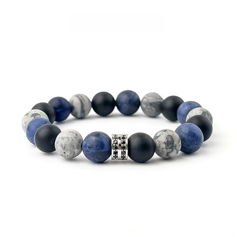 Vintage Blue Vein Stone Bracelet with Black Agate and Picasso Stone for 3 Chakra Balance