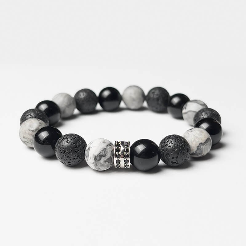Men’s Obsidian Picasso Stone Bracelet for 4 Chakra Balance and Cosmic Energy