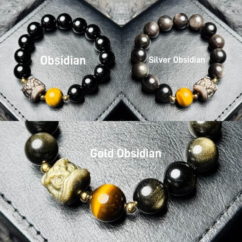 Men’s Obsidian Energy Bracelet with Tiger’s Eye – Black, Silver Sheen, and Gold Sheen variants for Root & Solar Plexus Chakra balance.