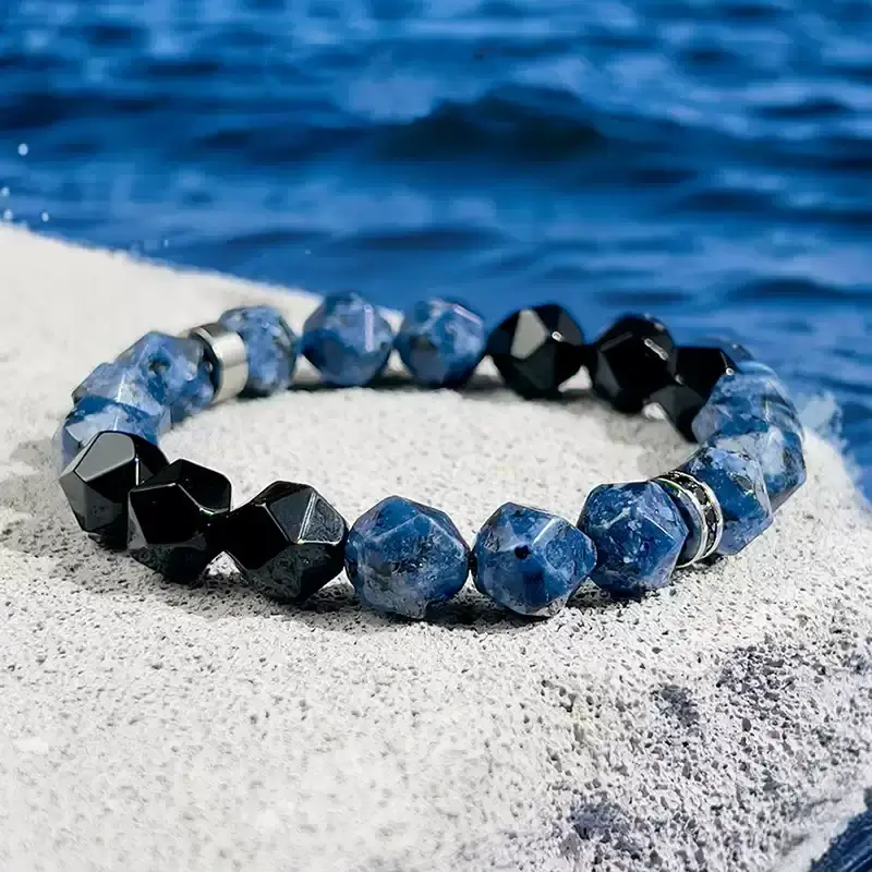 Blue Spot Stone (Throat Chakra) and Black Agate (Root Chakra) bracelet – dual chakra alignment for emotional balance and masculine strength.