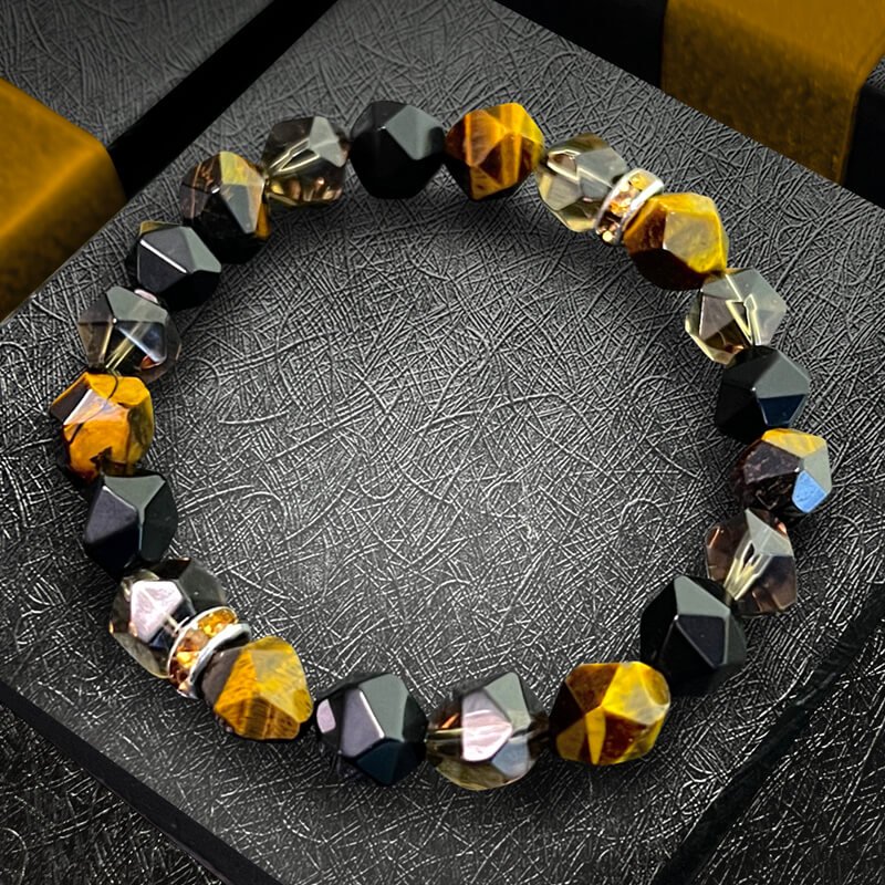Tiger’s Eye Black Agate Ice Obsidian Bracelet for Solar Plexus and Root Chakra Balance