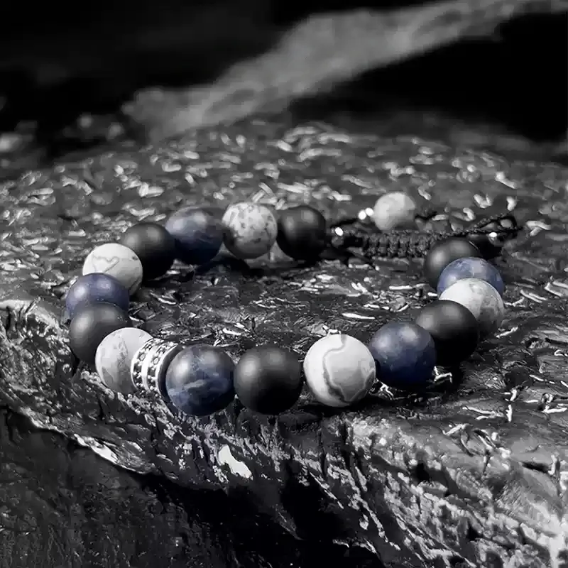 Vintage energy bracelet with Black Agate, Blue-veined Stone, and Picasso Stone for chakra balance and creative inspiration