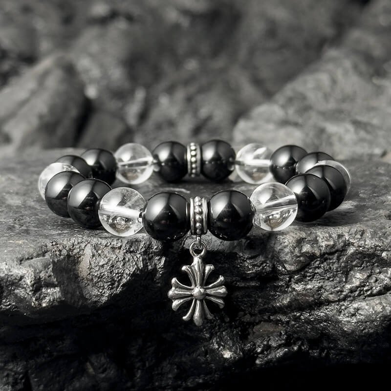 Vintage White Crystal Obsidian Energy Bracelet for Crown and Root Chakra Balance